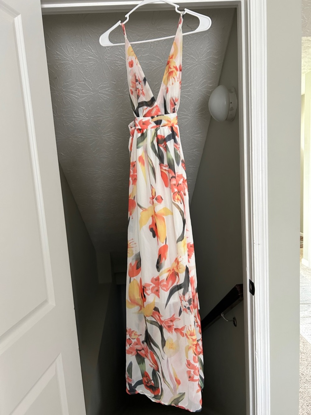 Floral V-Neck Maxi Dress in White and Coral